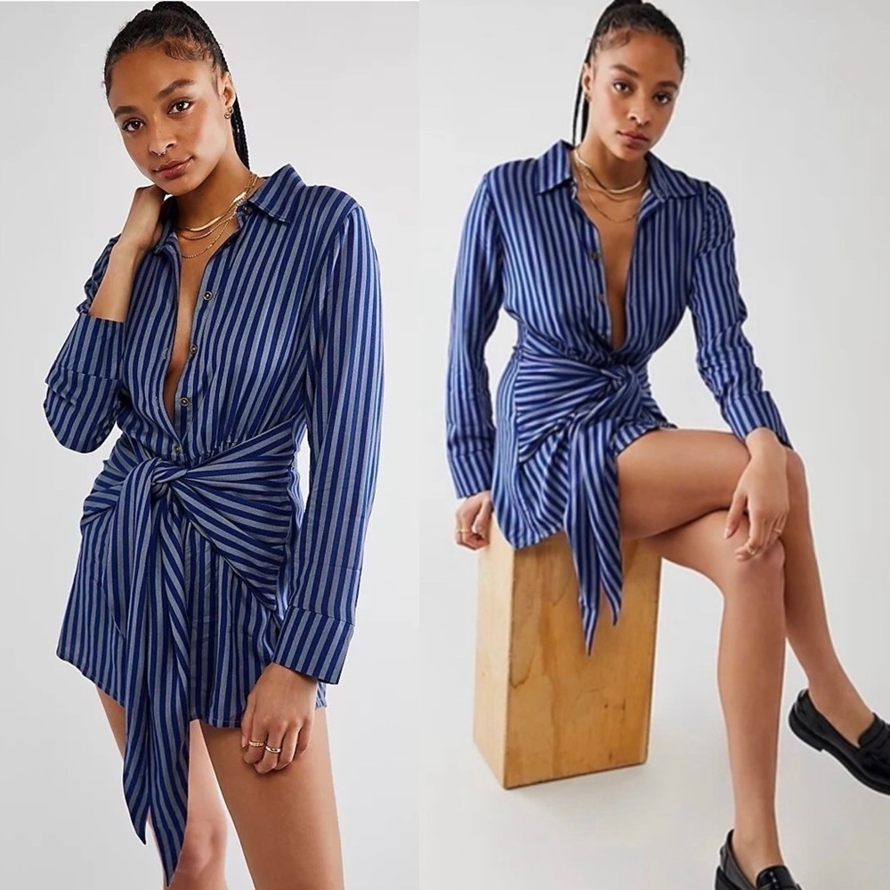 NWT Jen’s Pirate Booty Stripe Long Sleeve Tie Waist Button Collar Shirt Dress XS